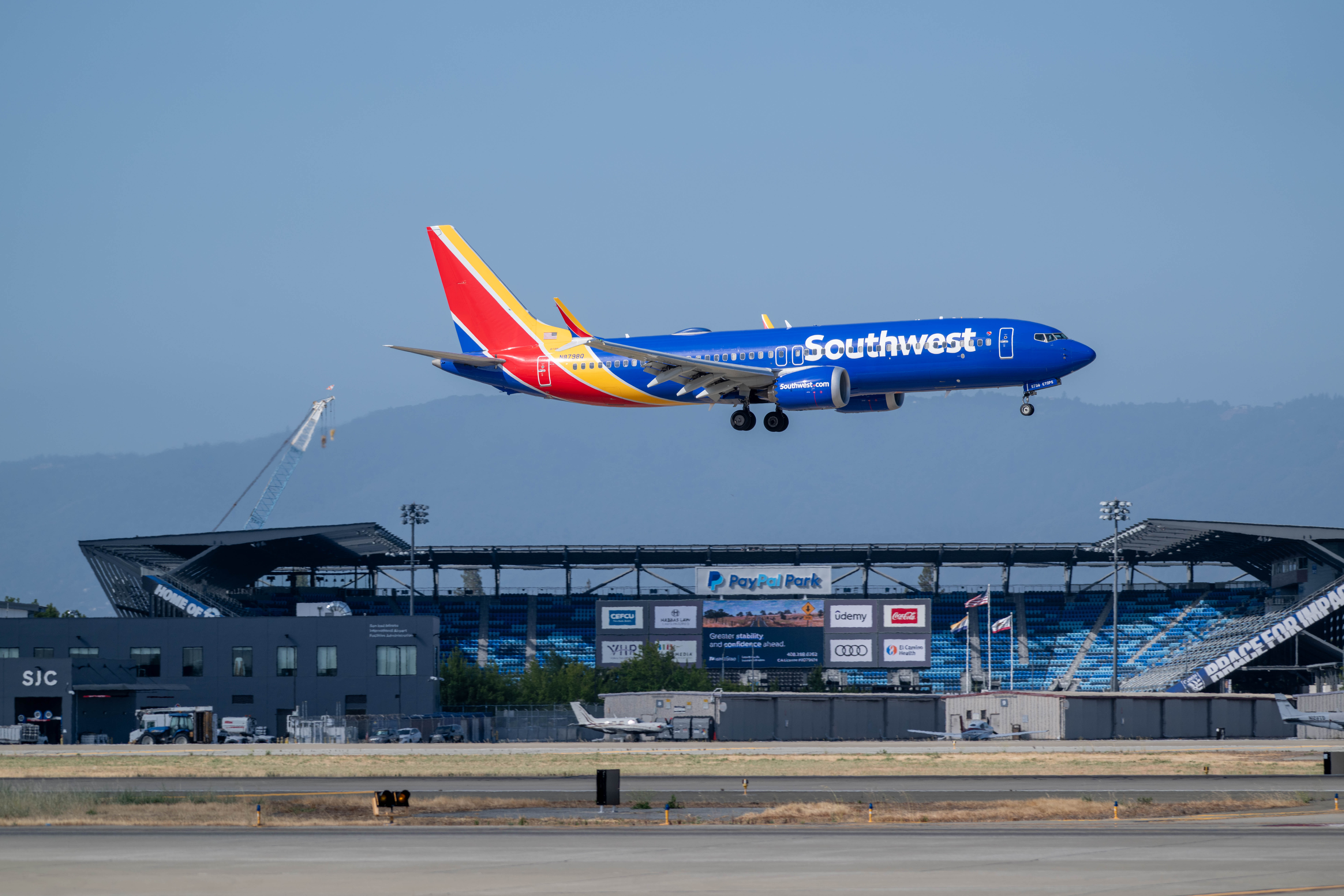 Southwest plane at SJC with PayPal Park in the background